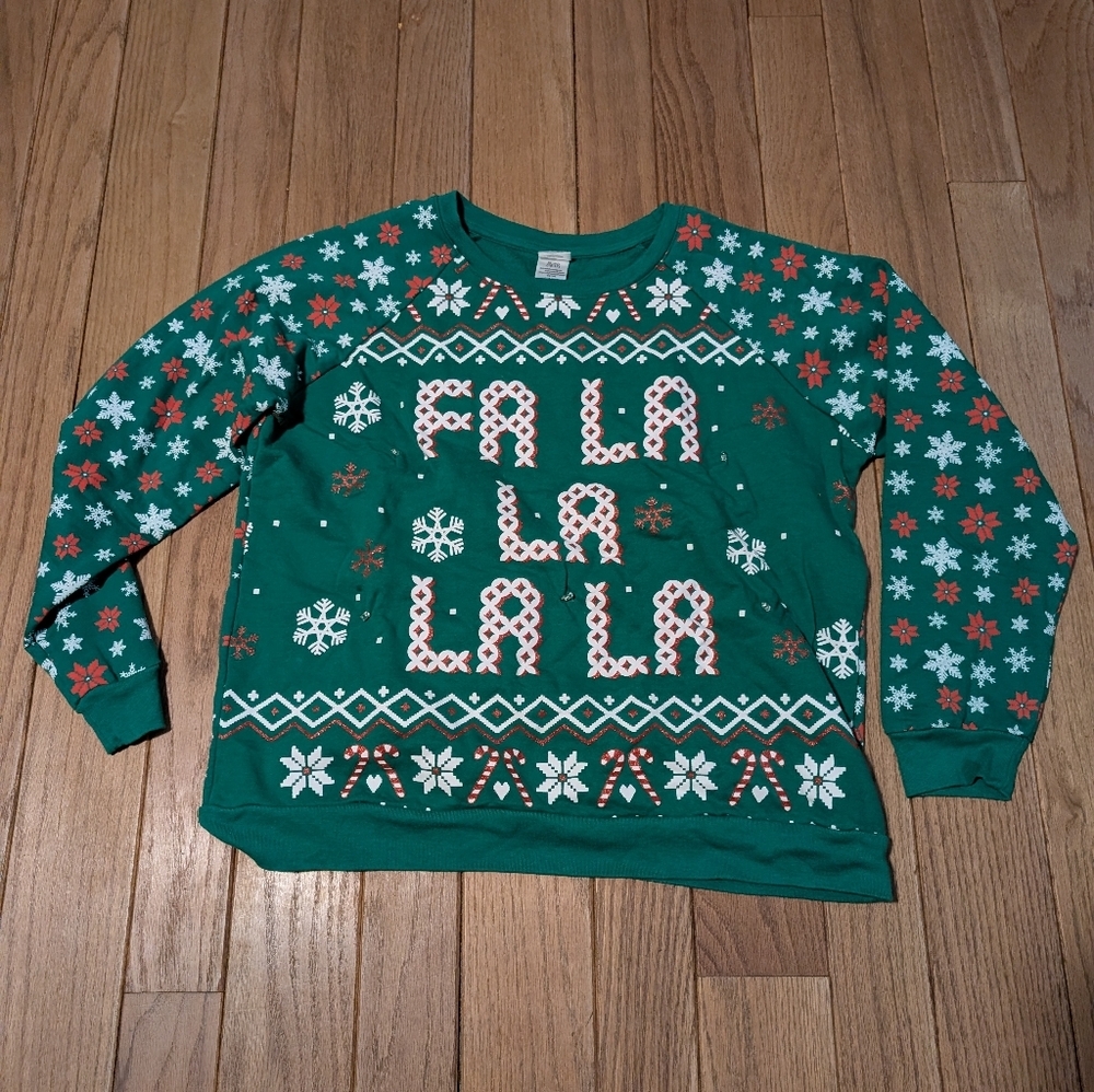 Women's Juniors Freeze Fa La La Green Ugly Christmas Sweater Size XL 15-17